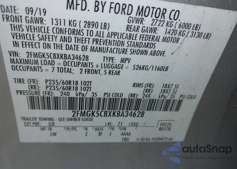 2019 Ford Flex Sel from USA, damaged, VIN 2FMGK5C8XKBA34628